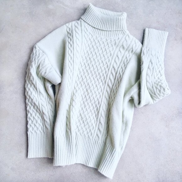 Aran Wool Blend Turtleneck Sweater - Soft Sage Green - Picture 4 of 7